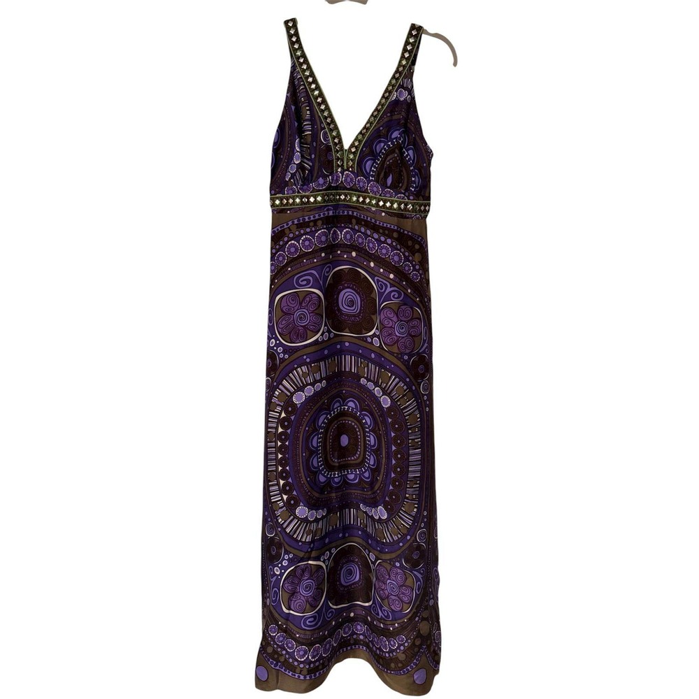 ITW by Claude Brown Purple Geometric Boho Maxi Dress Studded V-Neck Size 6